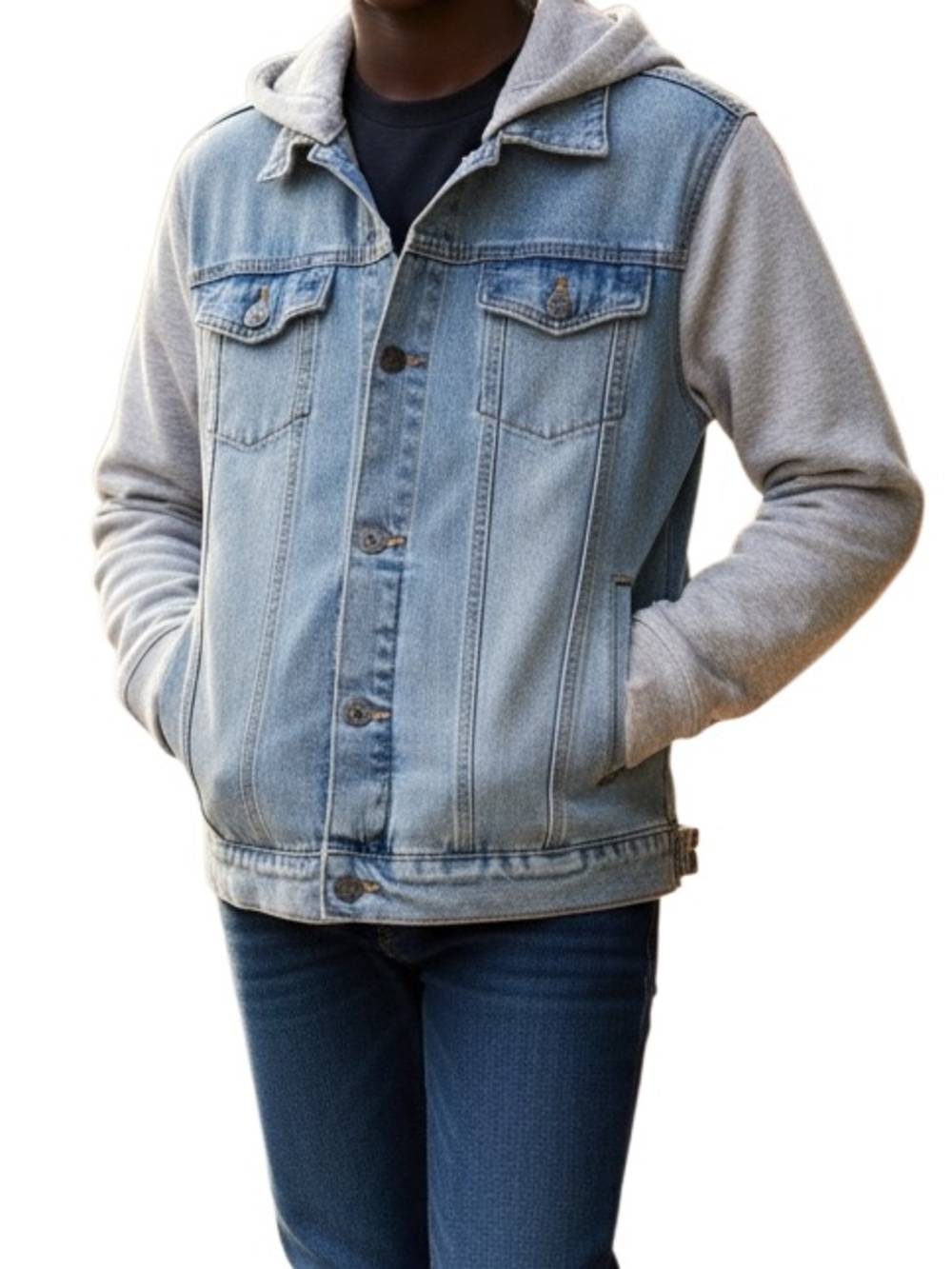 Ring of Fire Light Blue Denim Jacket with Gray Hood Boys X-large